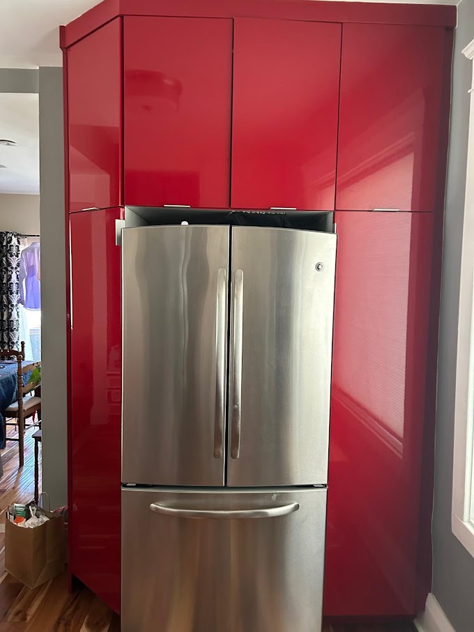 BEFORE: Glossy Red Kitchen Cabinets and Panels Awaiting Upgrade