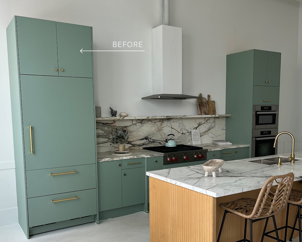 BEFORE: Outdated Studio Kitchen in an Emerald Palette