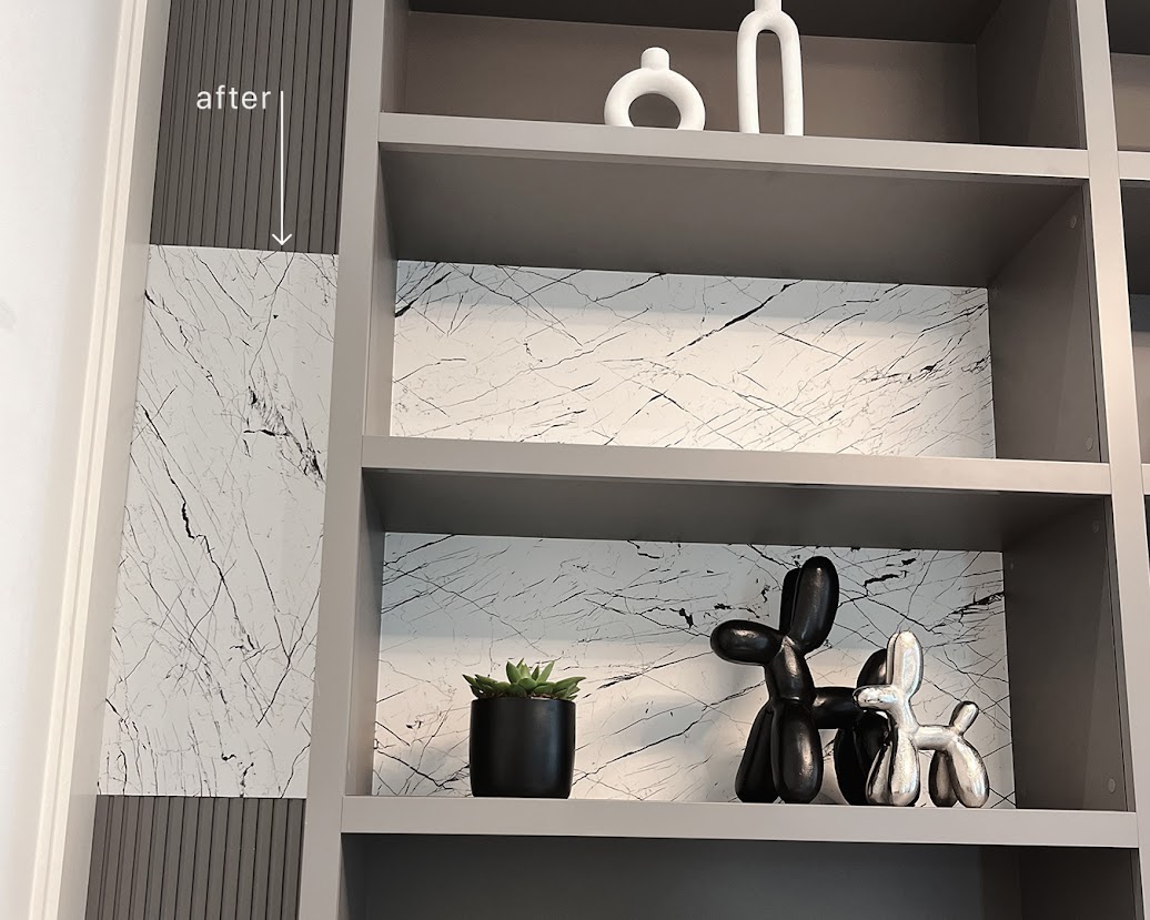 AFTER: Shelf Panels Resurfaced with a White Marble Finish Featuring Black Veining