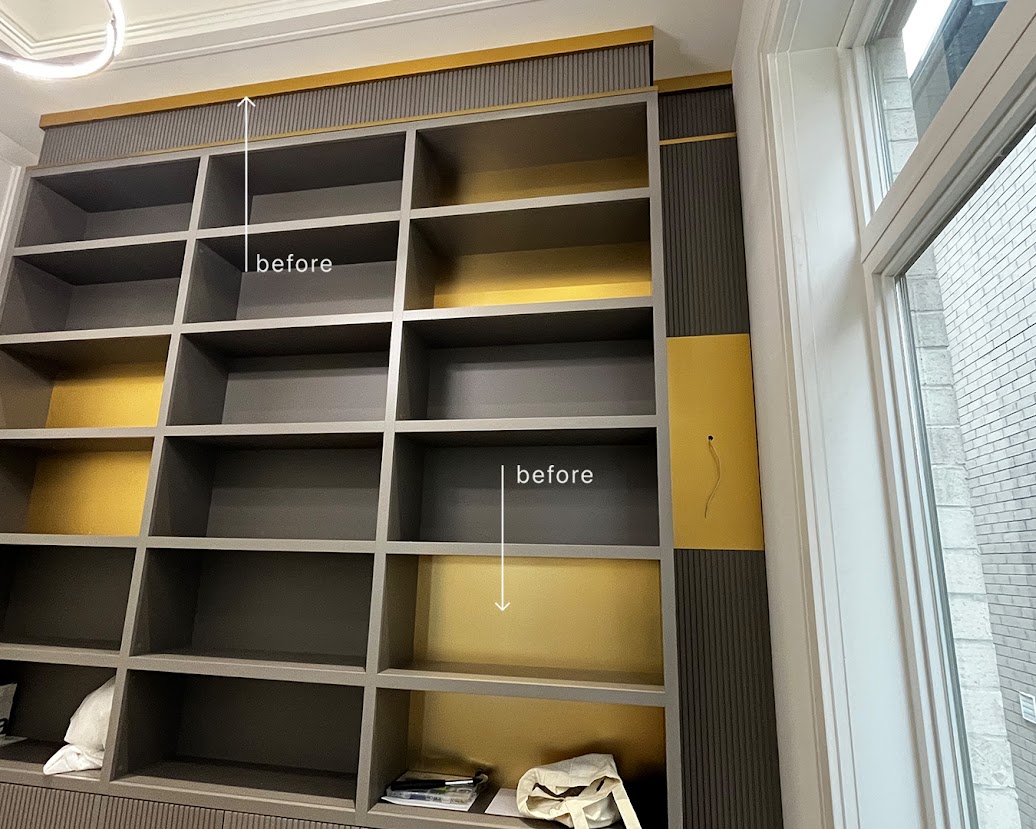 BEFORE: Gold Crown Moldling & Shelf Panels to be Resurfaced